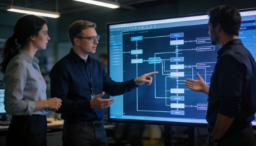 Team of engineers and consultants reviewing an enterprise architecture diagram in a modern office